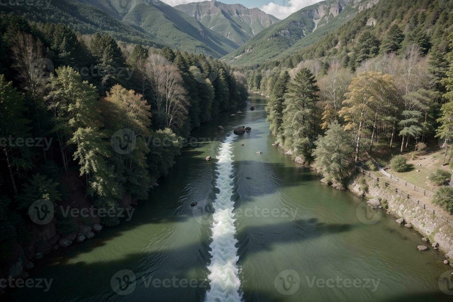 aéreo sinfonía el majestuoso río y montaña paisaje. ai generado. foto