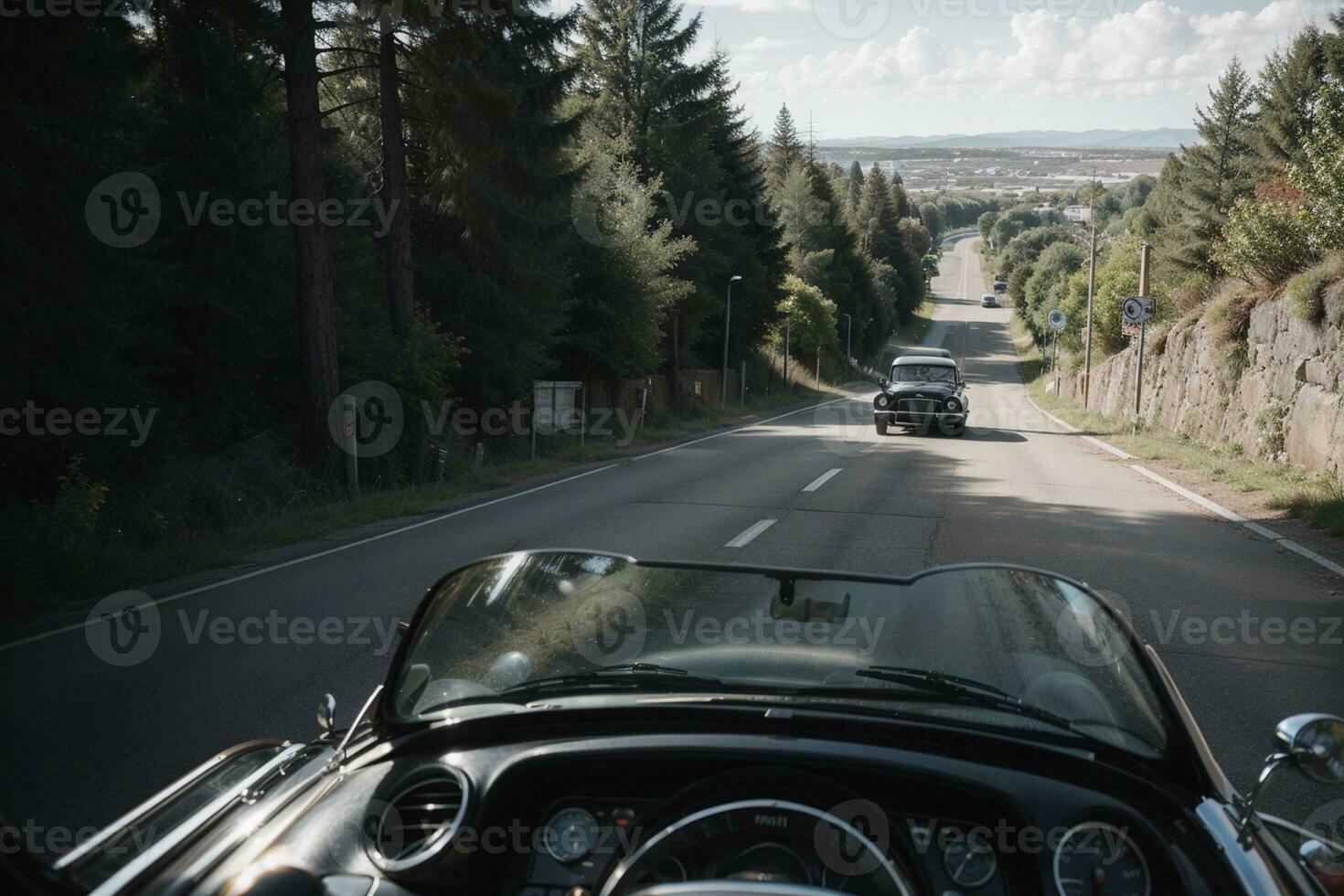 retro paseo nostálgico viaje en un escénico la carretera. ai generado. foto