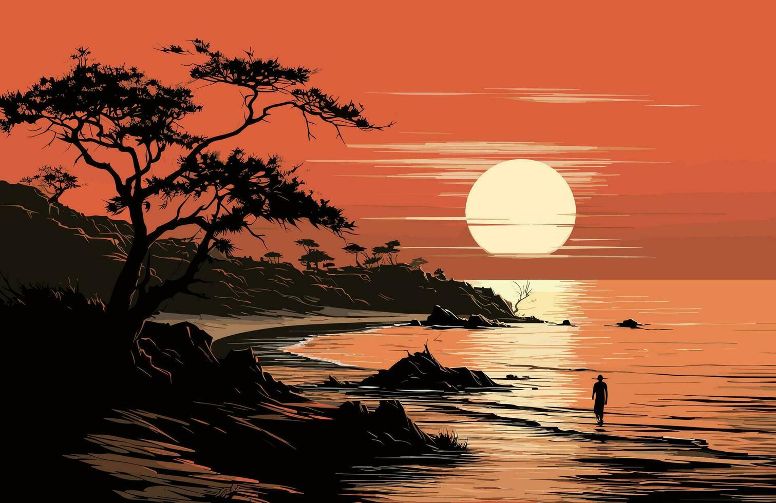 un pescador camina en el playa a puesta de sol vector