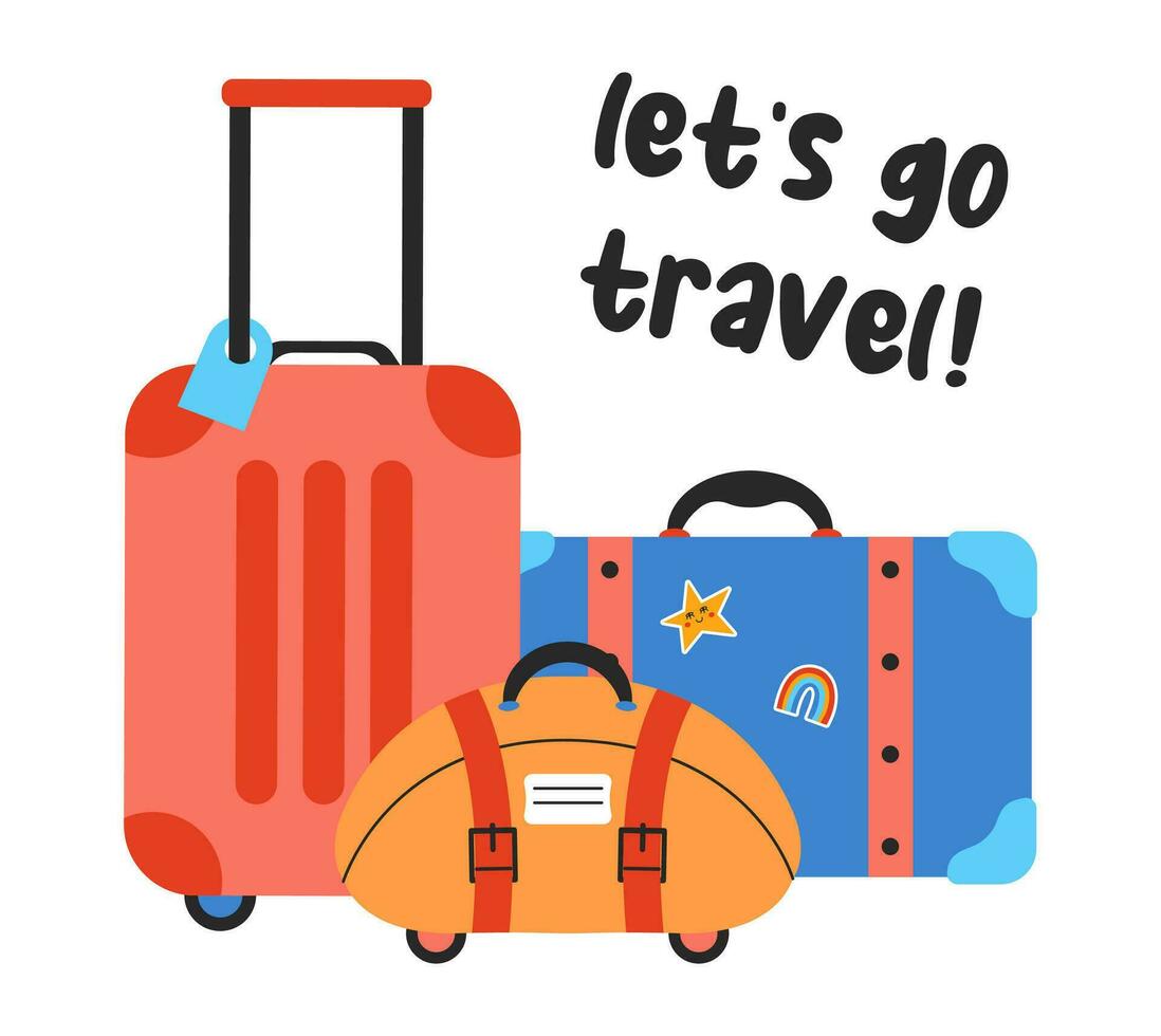 Travel concept. Luggage and suitcase on white background. Let's go travel. vector