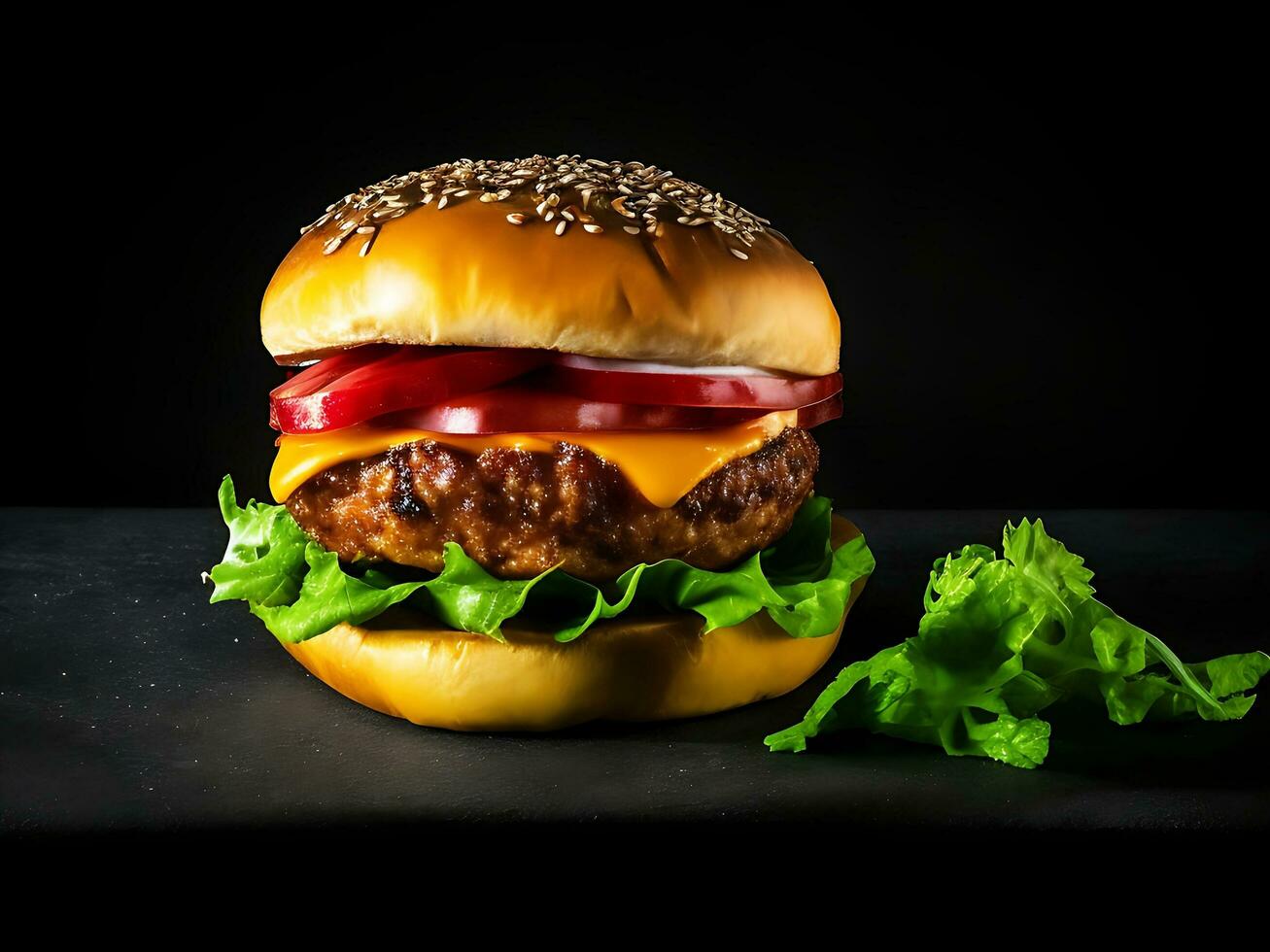 Big sandwich - hamburger burger with beef an amazing delicious cheese burger Ai generated. photo