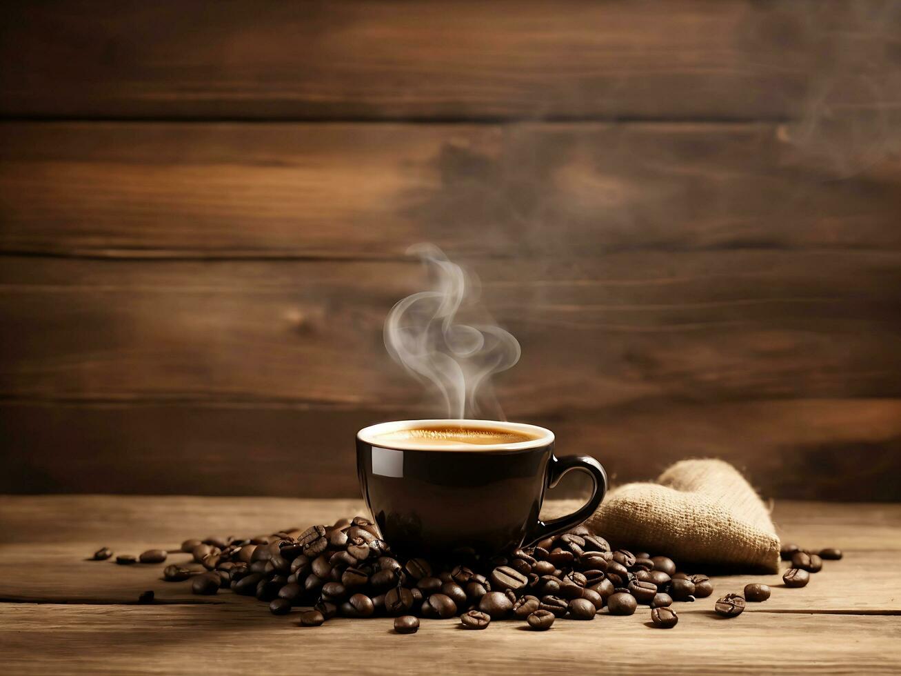 Cup of coffee with a pile of coffee beans. generative ai photo