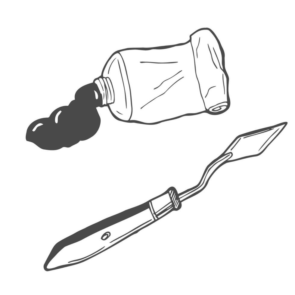 Doodle sketch of oil pant tube and a palette knife vector