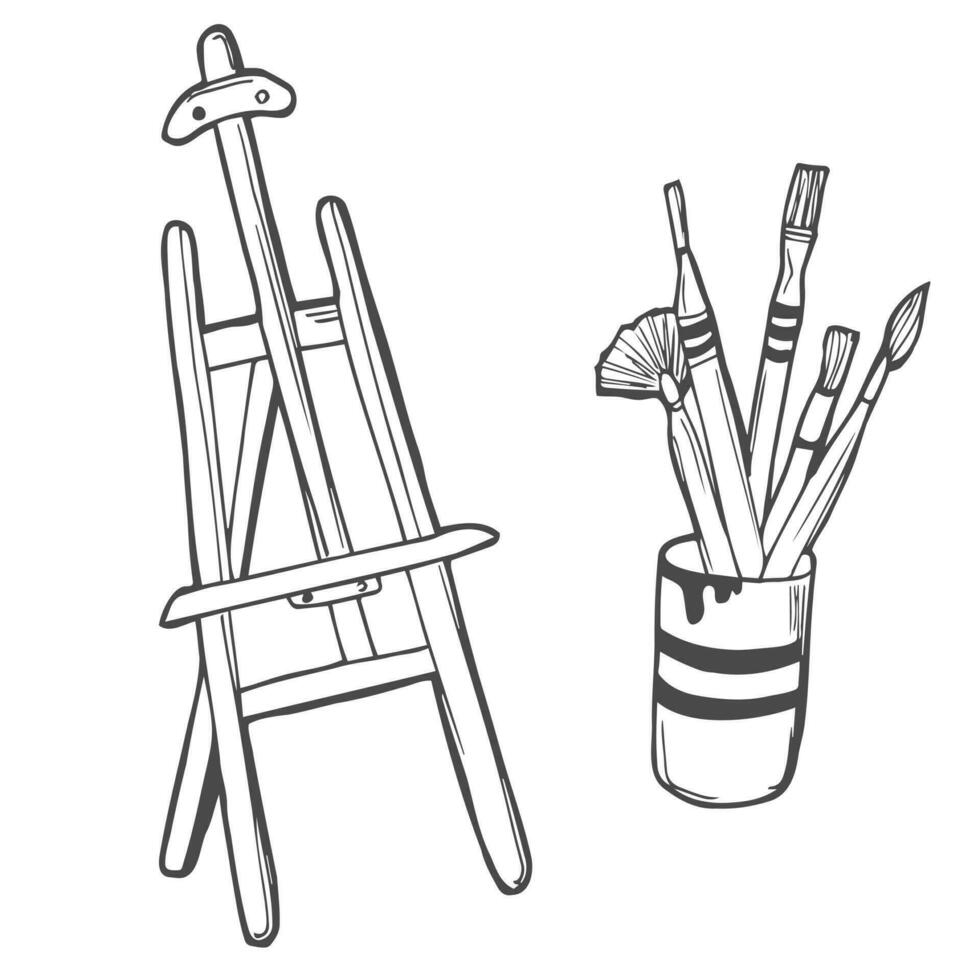 Hand-drawn set of doodle easel and cup with brushes. Vector Icons