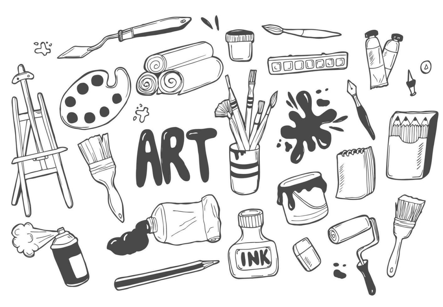 Art tools sketch hand drawn set vector white and black desing. Art background.