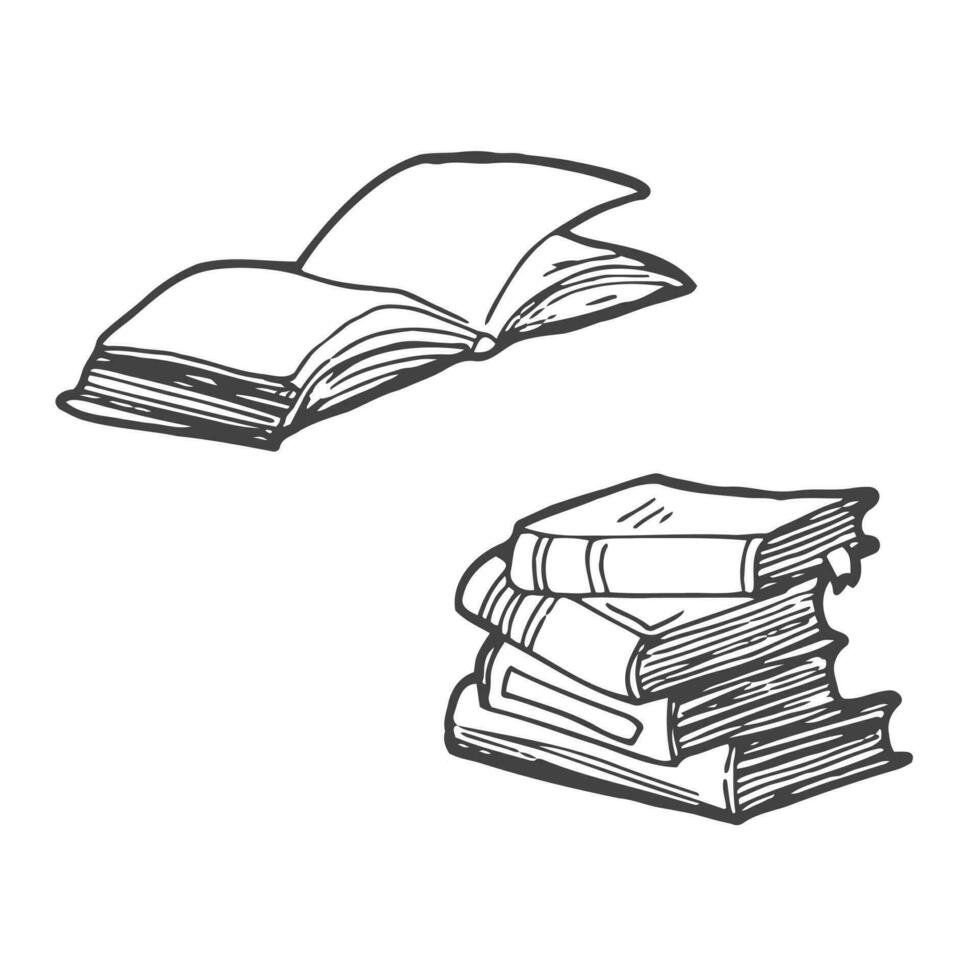 Hand drawn books doodle set. Black color sketch. Line art style. Vector illustration isolated on white background.