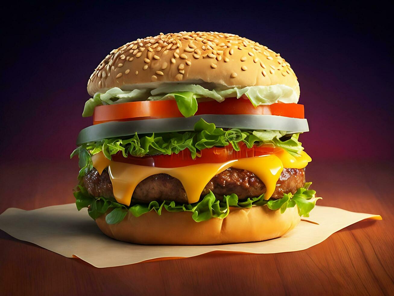 Big sandwich - hamburger burger with beef an amazing delicious cheese burger Ai generated. photo