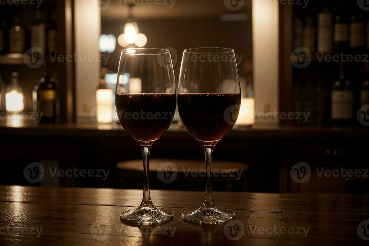 Captivating Reflections Wine Glasses in a Dimly Lit Bar. AI Generated. photo