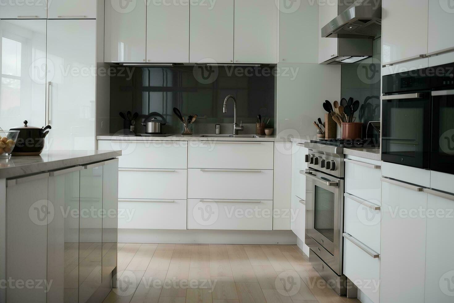 Sleek and Modern Kitchen Interior Photographed by Emily Davis. AI Generated. photo