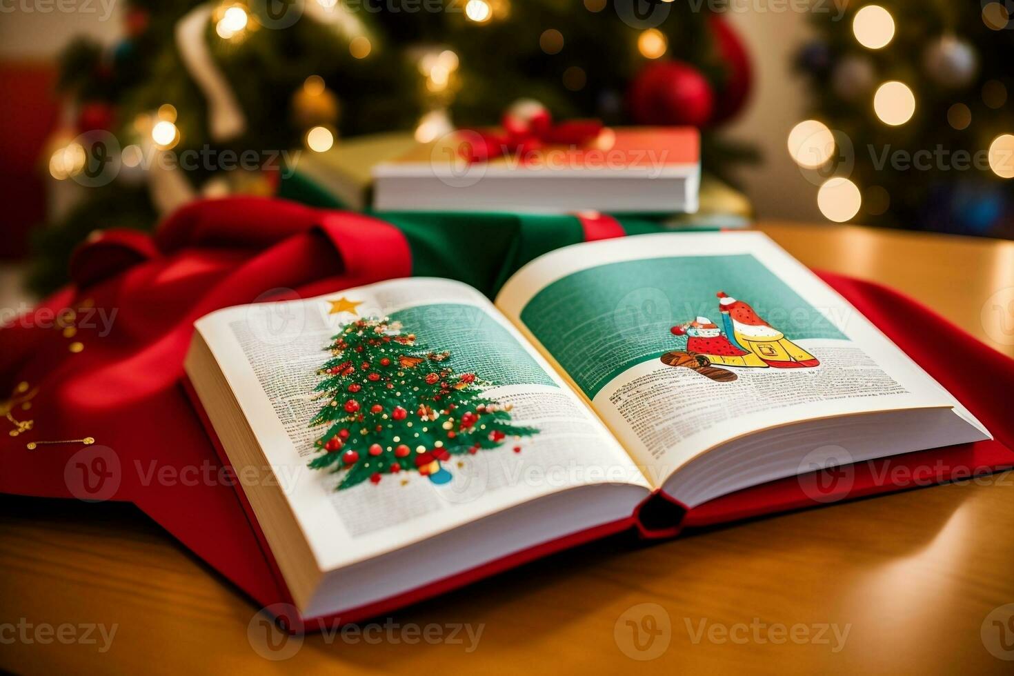 Festive Holiday Books with Whimsical Illustrations. AI Generated. photo