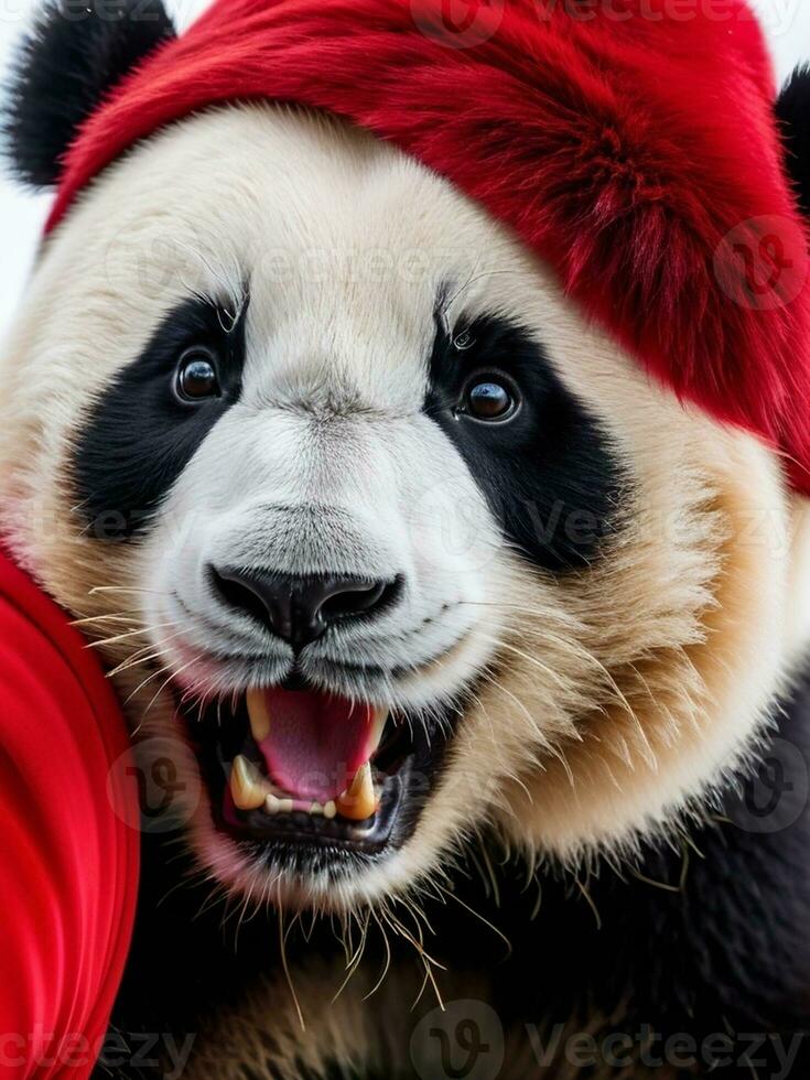 Playful Panda in a Vibrant Red Outfit. AI Generated. photo