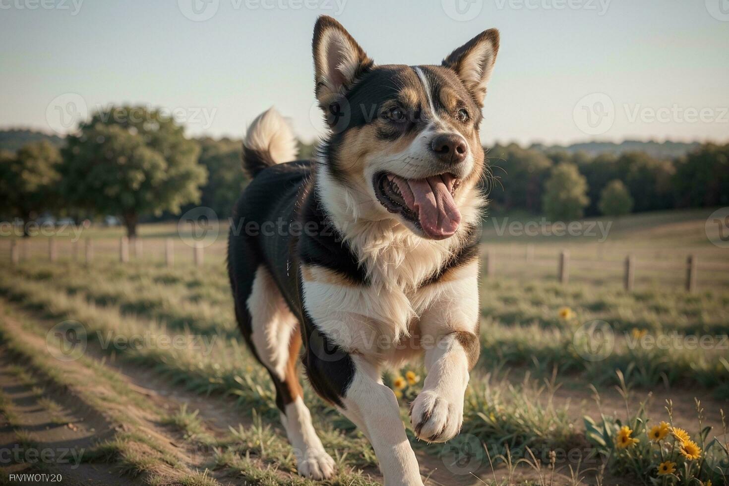 Playful Dog in a Field. AI Generated. photo