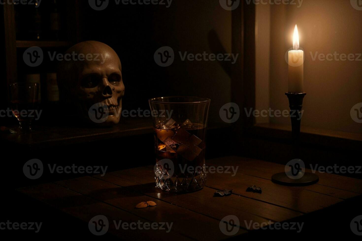 Spooky Halloween Whiskey Glasses. AI Generated. photo