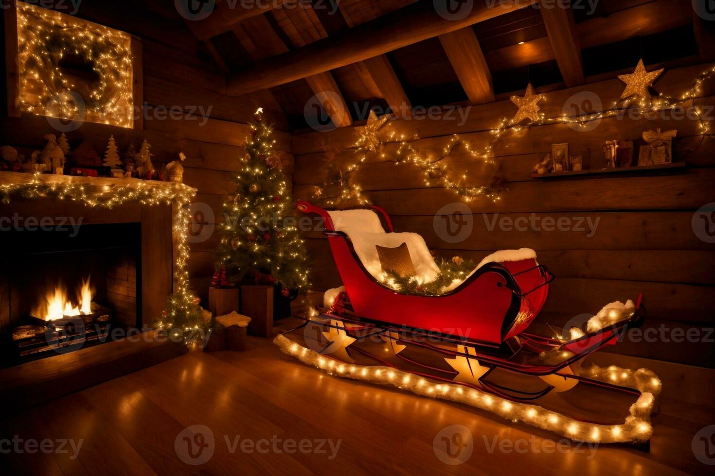 Rustic Elegance Wooden Sleigh Decorations Steal the Show. AI Generated. photo