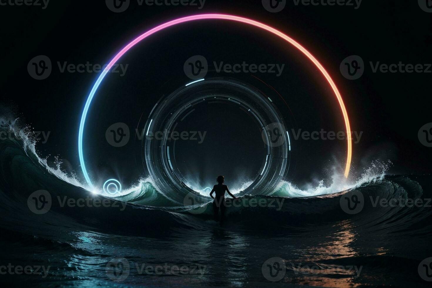 Neon Circle on Abstract Waves. AI Generated. photo