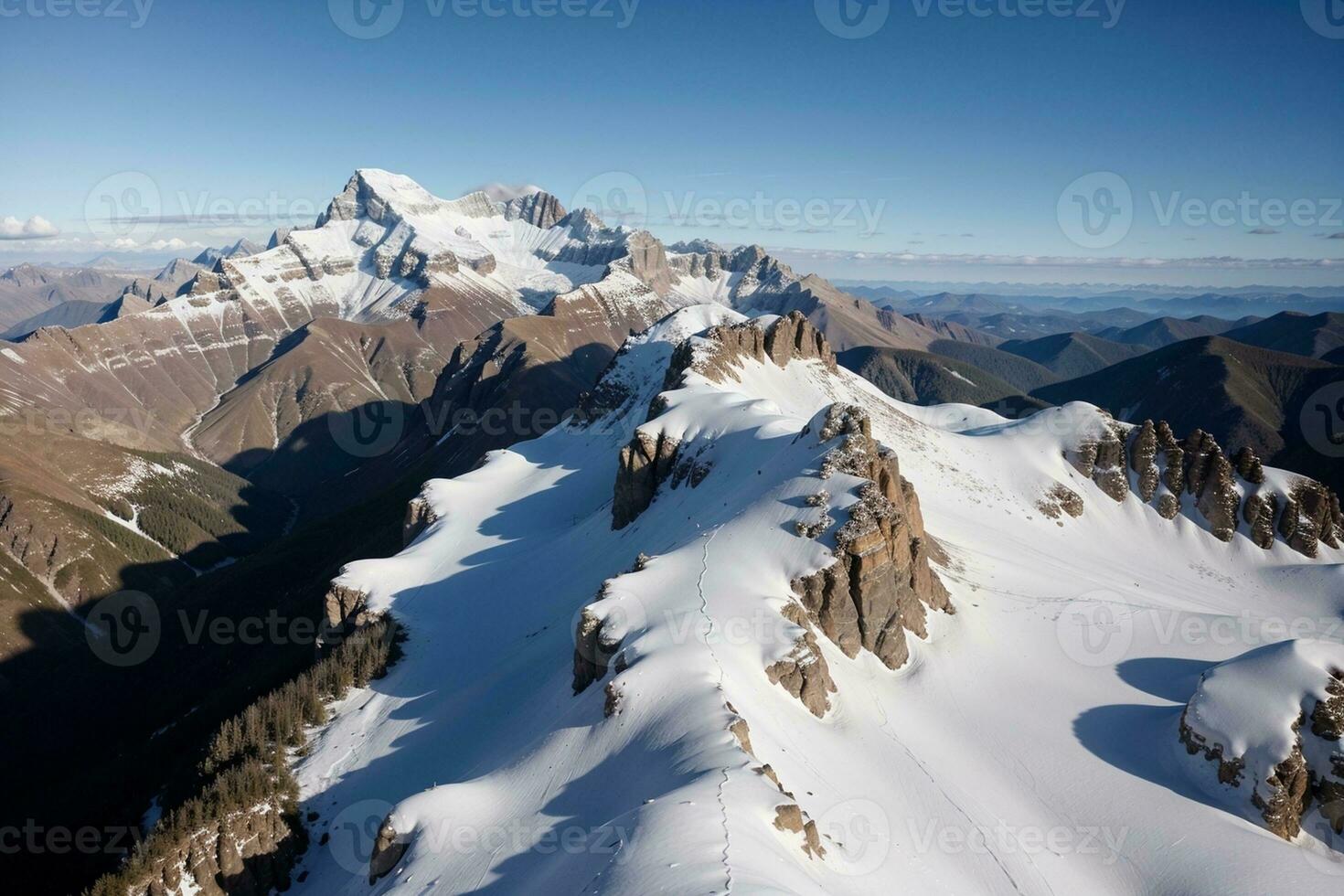 Majestic Snow Capped Mountain Against a Clear Blue Sky. AI Generated. photo