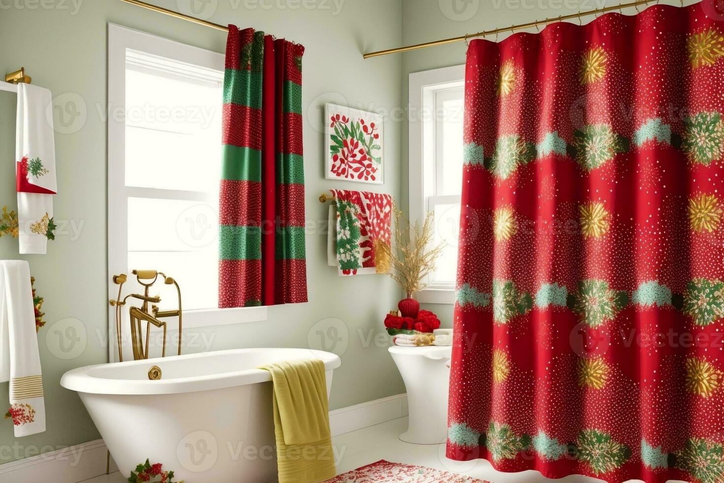 Festive Shower Curtains Transform Your Bathroom into a Winter Wonderland. AI Generated. photo