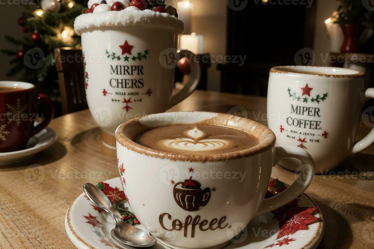 festivo Navidad café tazas con decoraciones ai generado. foto