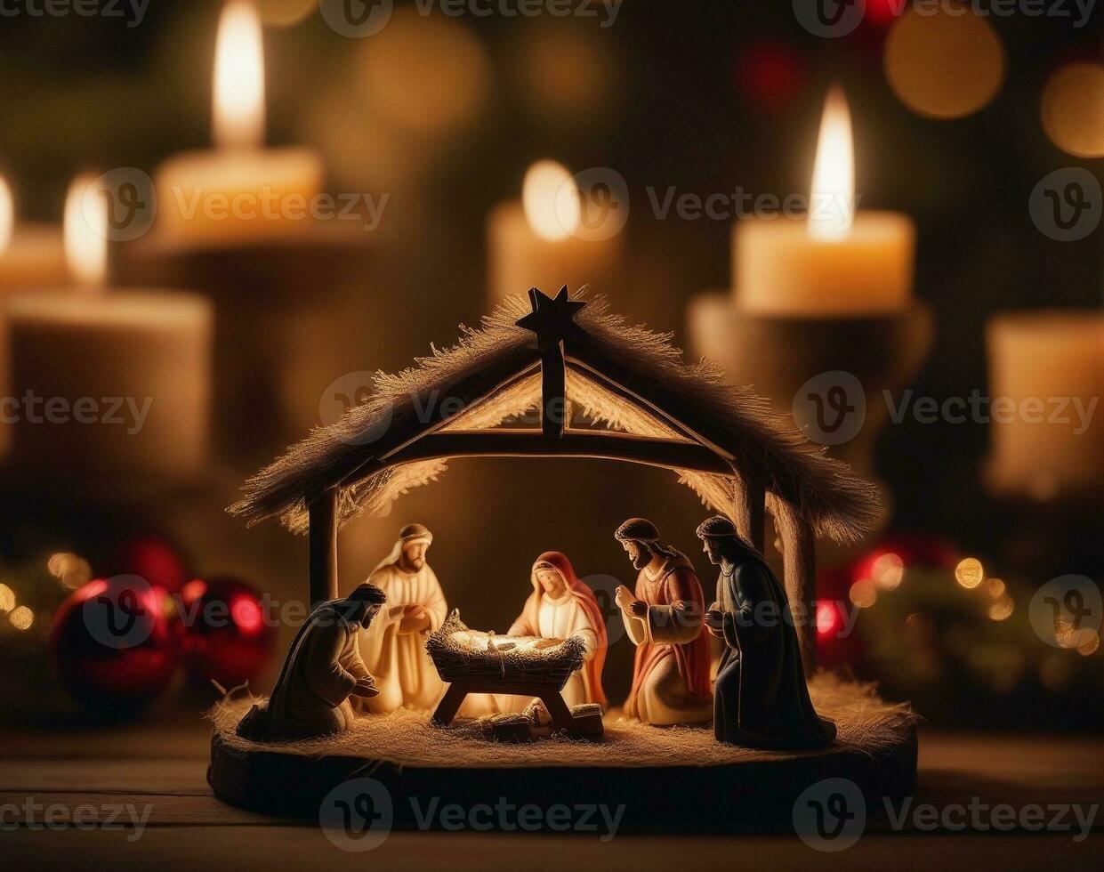 Delicate Christmas Manger Scene Illuminated with Warmth. AI Generated. photo