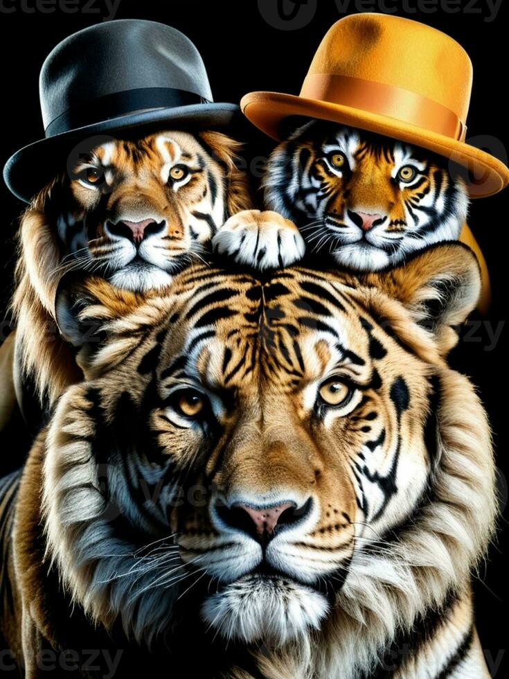 Hat titude The Regal Trio of Lion Wolf and Tiger. AI Generated. photo