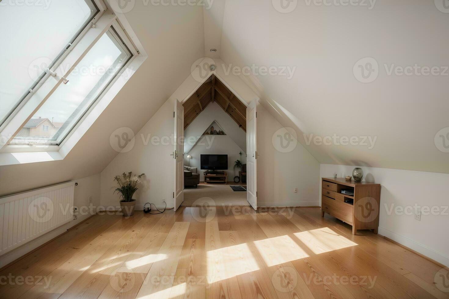 Serene Elegance Exploring the Spacious Attic Designs Bathed in Natural Light. AI Generated. photo