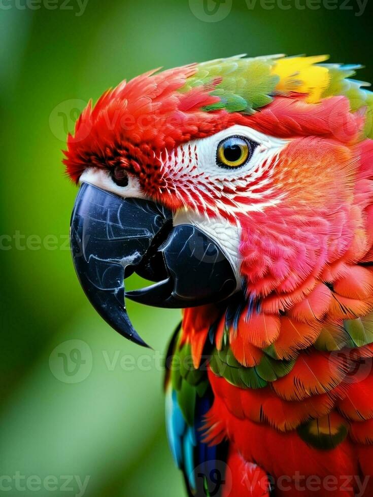 vibrante plumas un cerca arriba de un cautivador loro en un fauna silvestre colocar. ai generado. foto