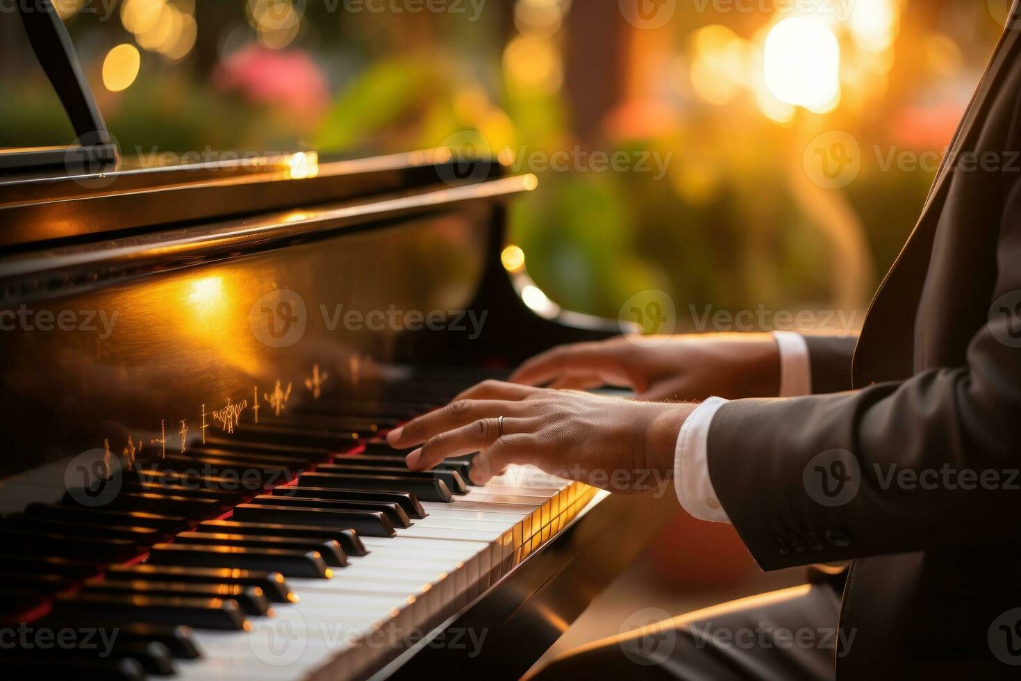 Photo of male hands of a person playing the piano bokeh lights in the background. Generative AI