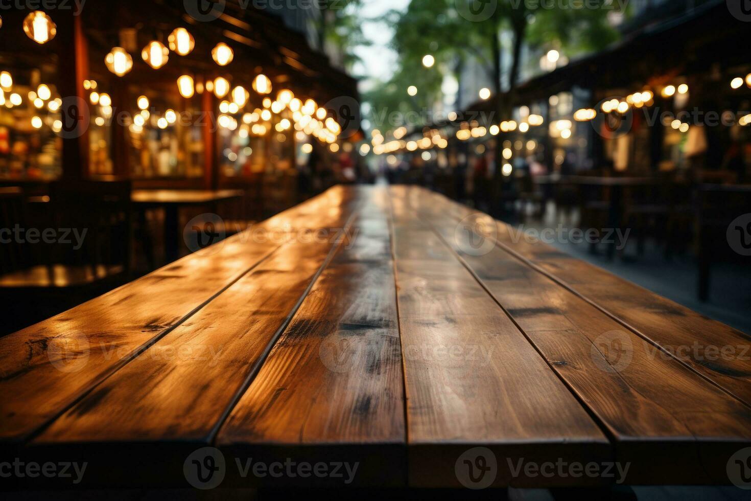 Wooden table top with blur background of coffee cafe. Generative AI photo