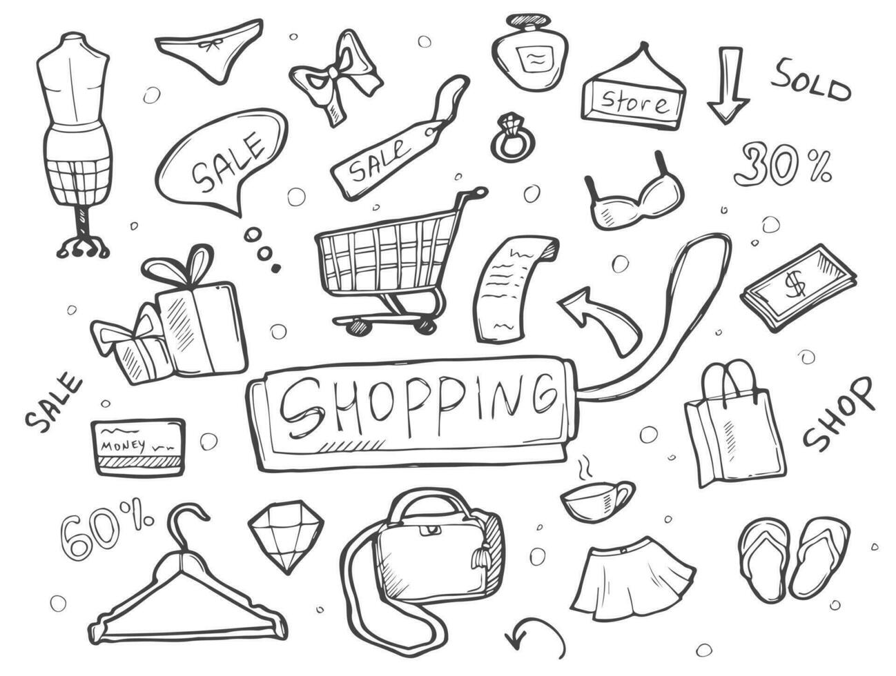 Hand drawn set of shopping doodles in vector. vector