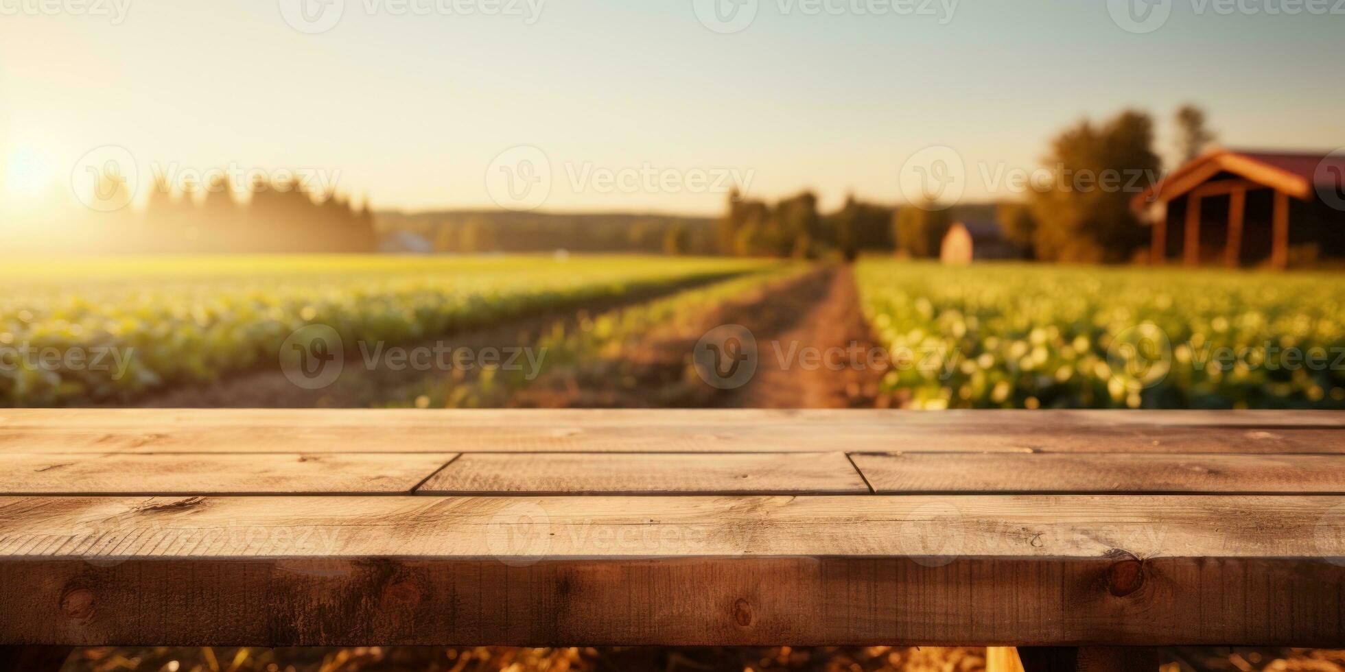 Empty wooden table top with farm landscape whit tractor during the autumn. Generative AI photo