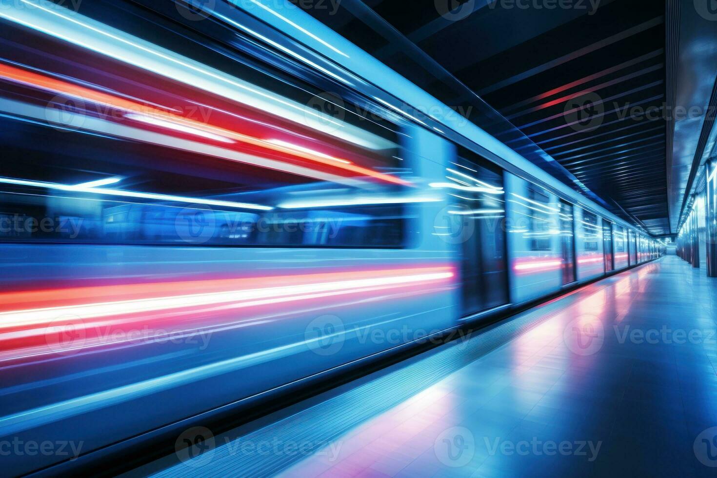 Fast express passenger train, futuristic conceptual technology on high speed railway. Generative AI photo