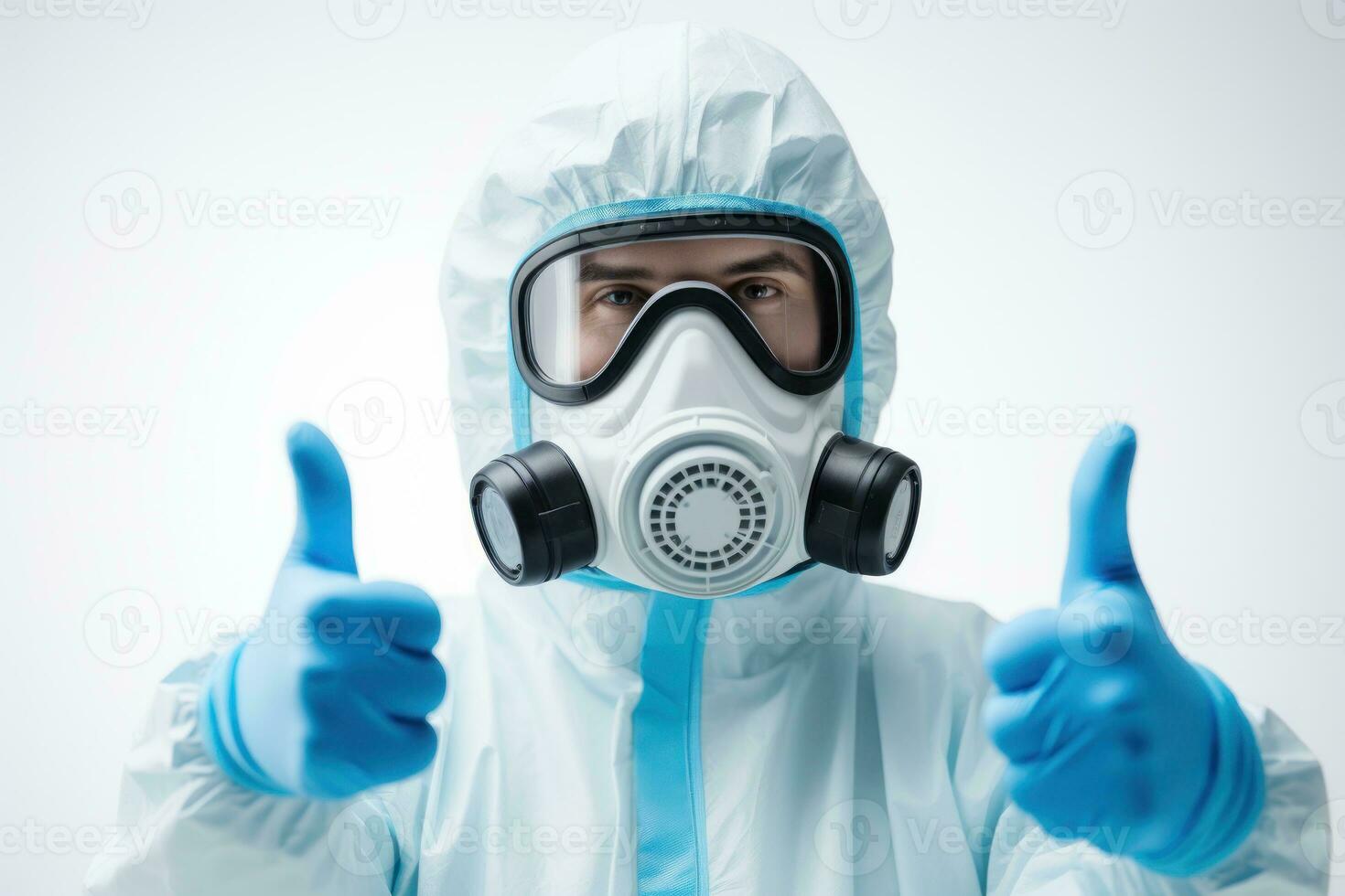 Portrait style photo of a person wearing hazmat suit wearing chemical