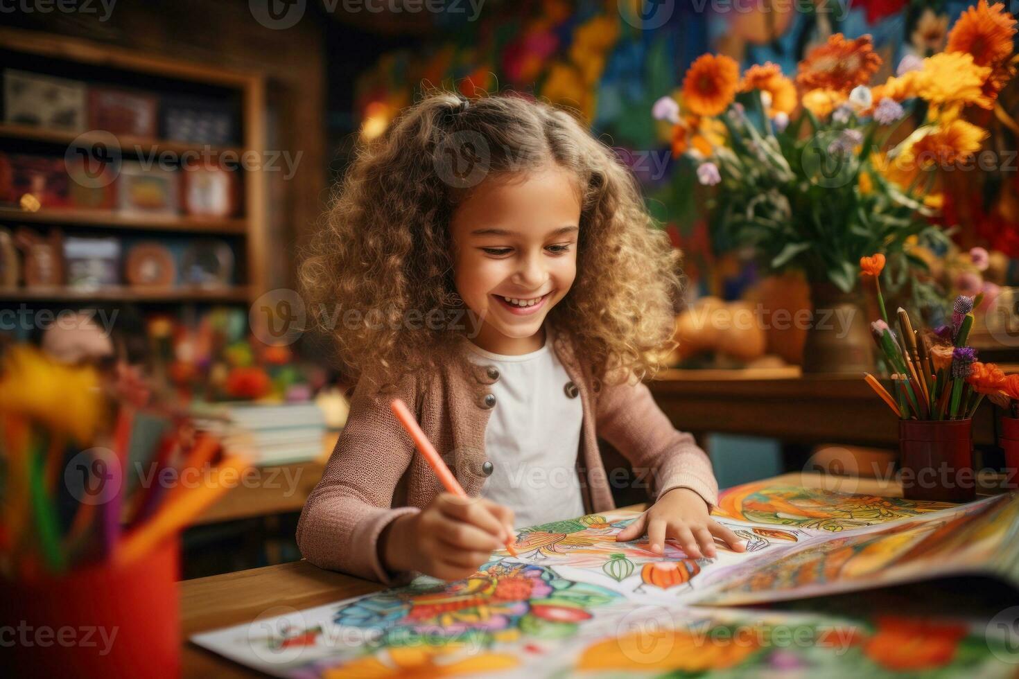 Children coloring activity in a classroom. Generative AI photo