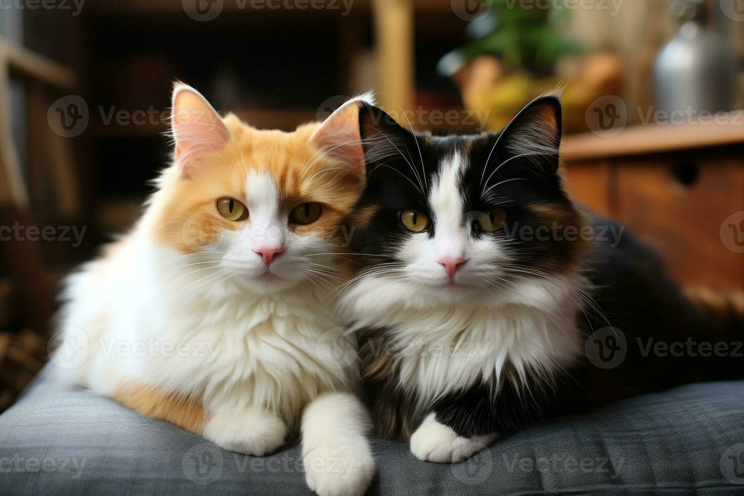 Black and white cat on sofa together orange cat fat. Generative AI photo