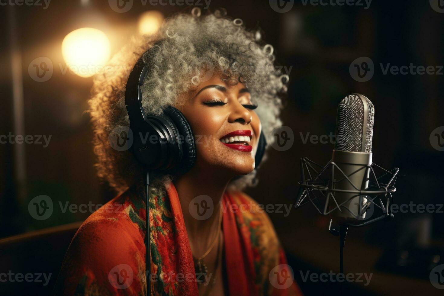 Beautiful woman recording a song in record studio, singing, expressing her talent as a singer with headphones on. Generative AI photo