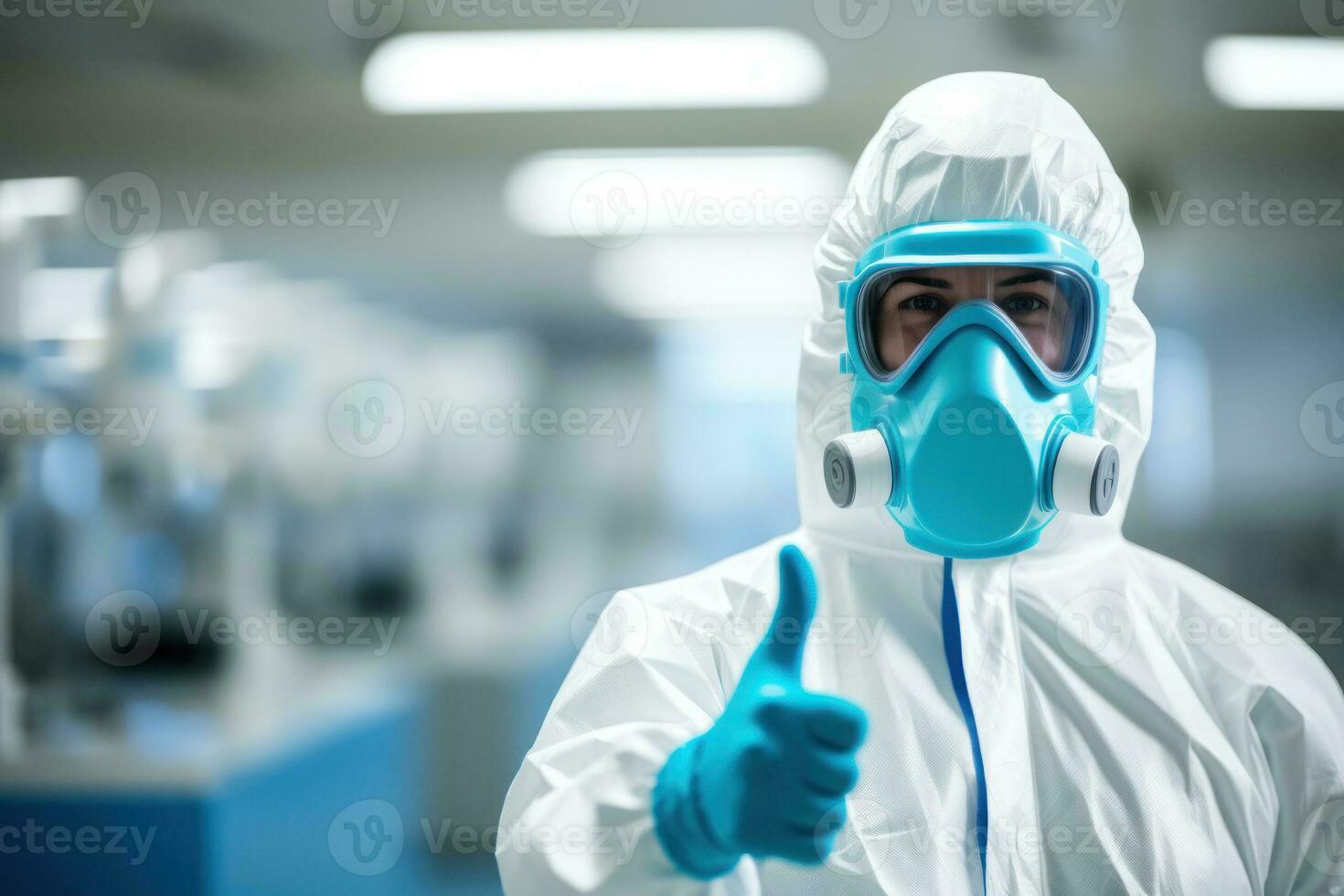 Portrait style photo of a person wearing hazmat suit wearing chemical