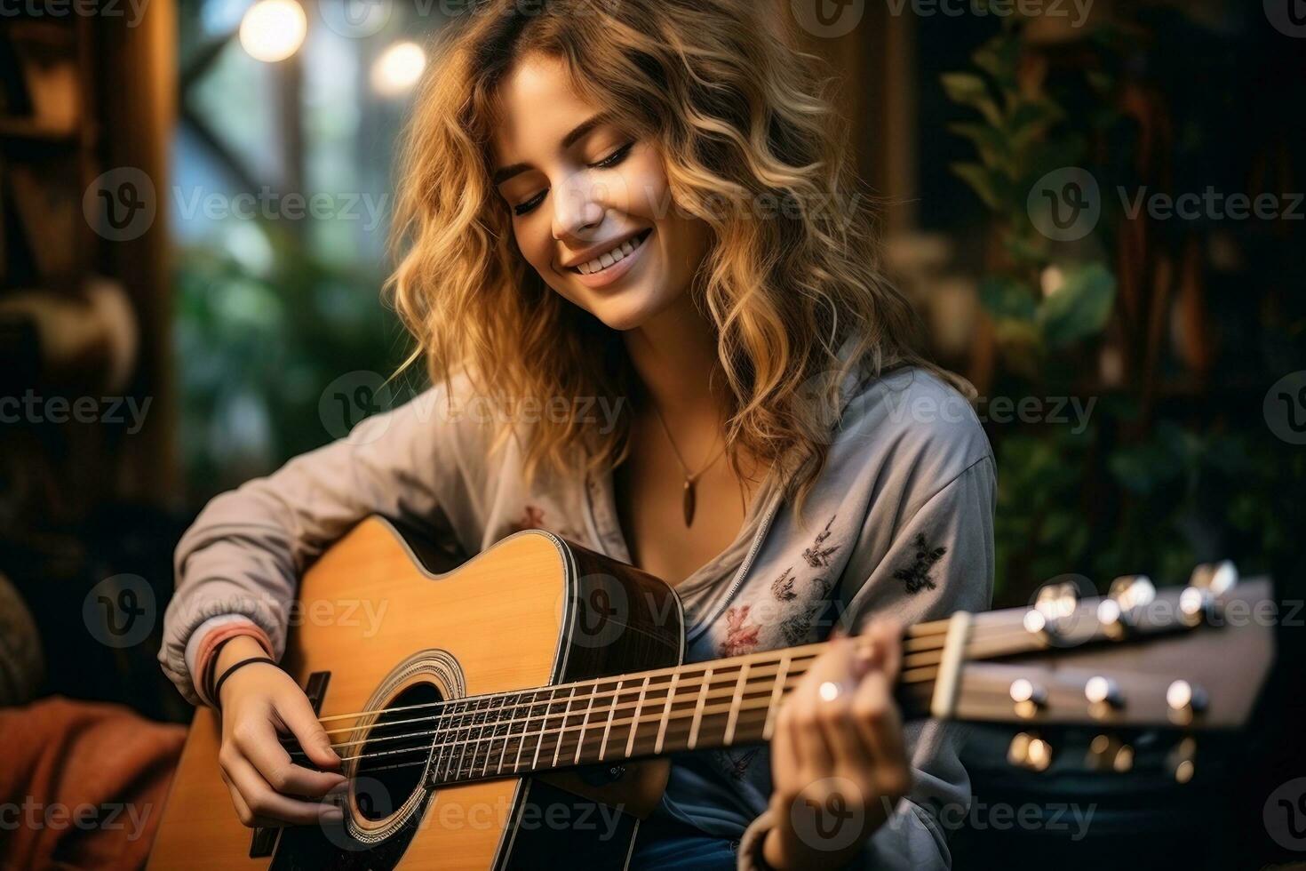 Joyful young woman playing acoustic guitar in living room. Generative AI photo