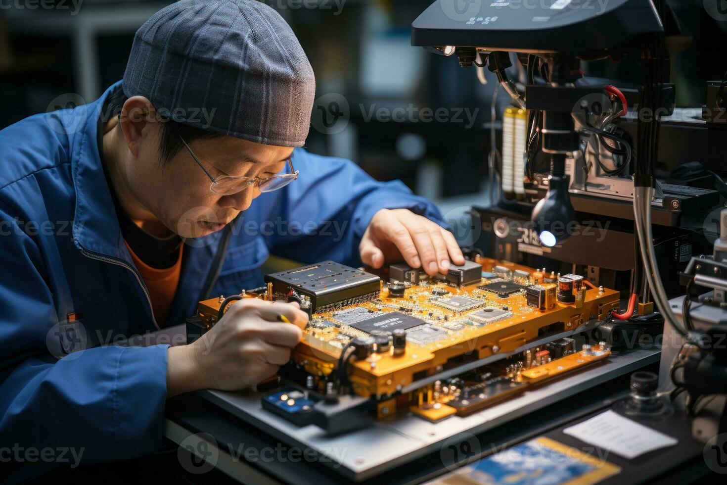 Engineer hand holds soldering iron and tinlead to solder electronic board. Generative AI photo