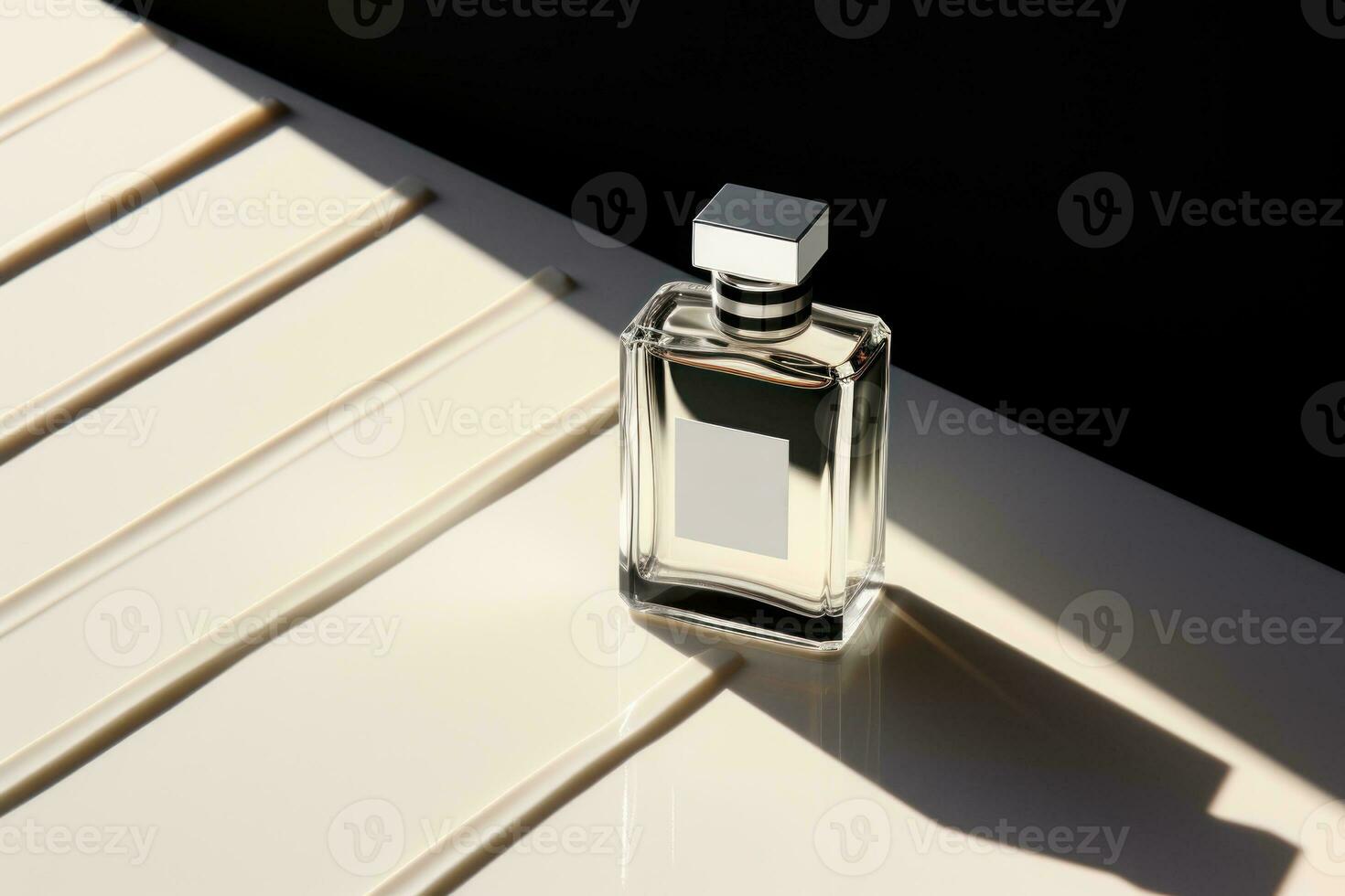 Perfume bottle minimalist plane geometric composition focus on bottle. Generative AI photo