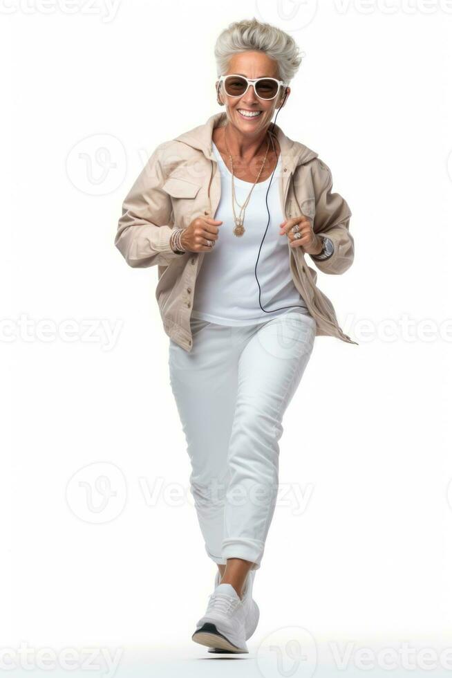 senior woman jogging Happy and energetic generation in white background. Generative AI photo