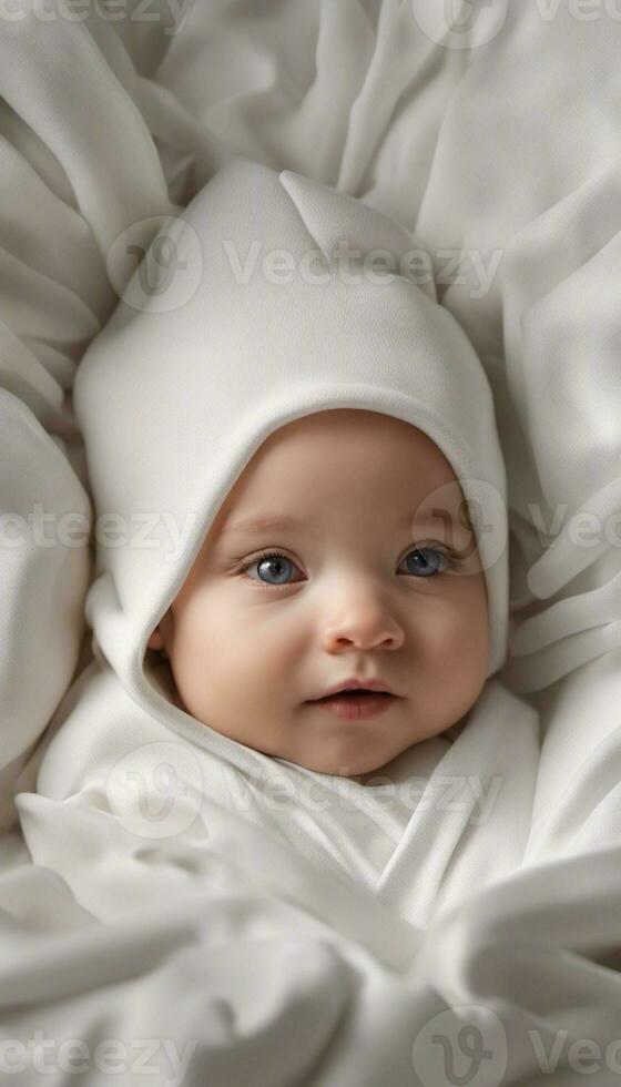 Soft Serenity Newborn Relaxing on White Blanket. Ai generated content photo