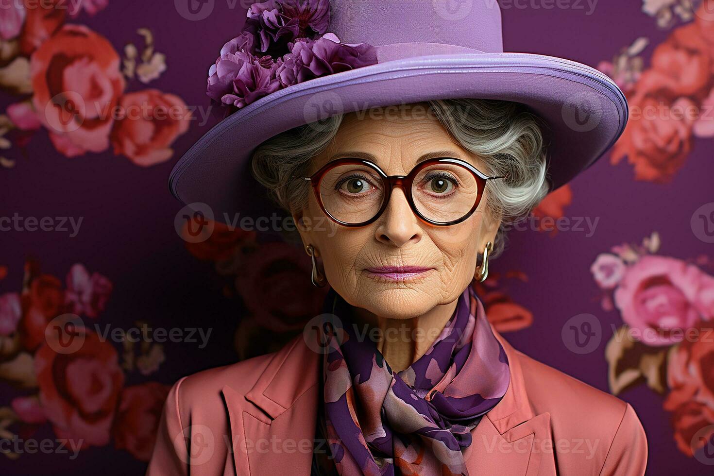 Ai generated studio portrait of trendy old elderly woman on different colour background in glasses and headphones photo