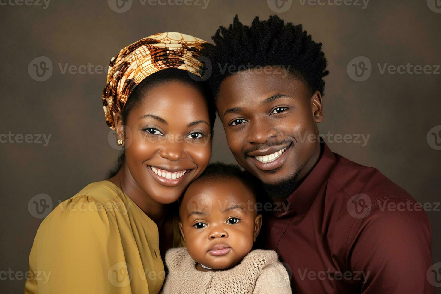 Ai generated Studio portrait of beautiful parents with infant baby holding on hands on different colours background photo