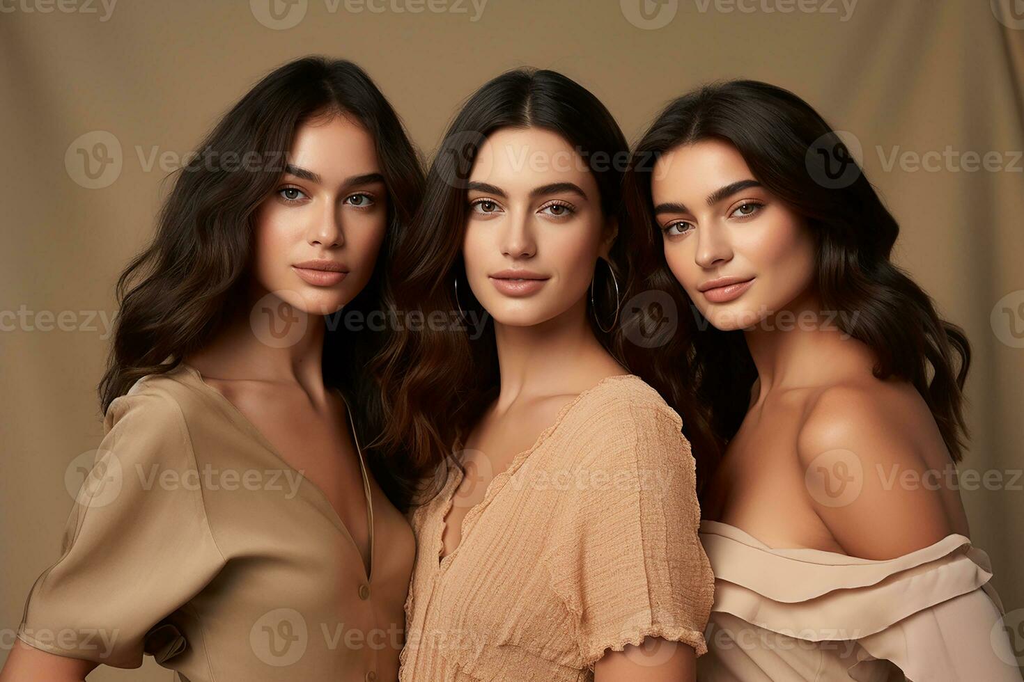 Ai generated Studio portrait of three few beautiful young woman standing together in hug on different colour background photo