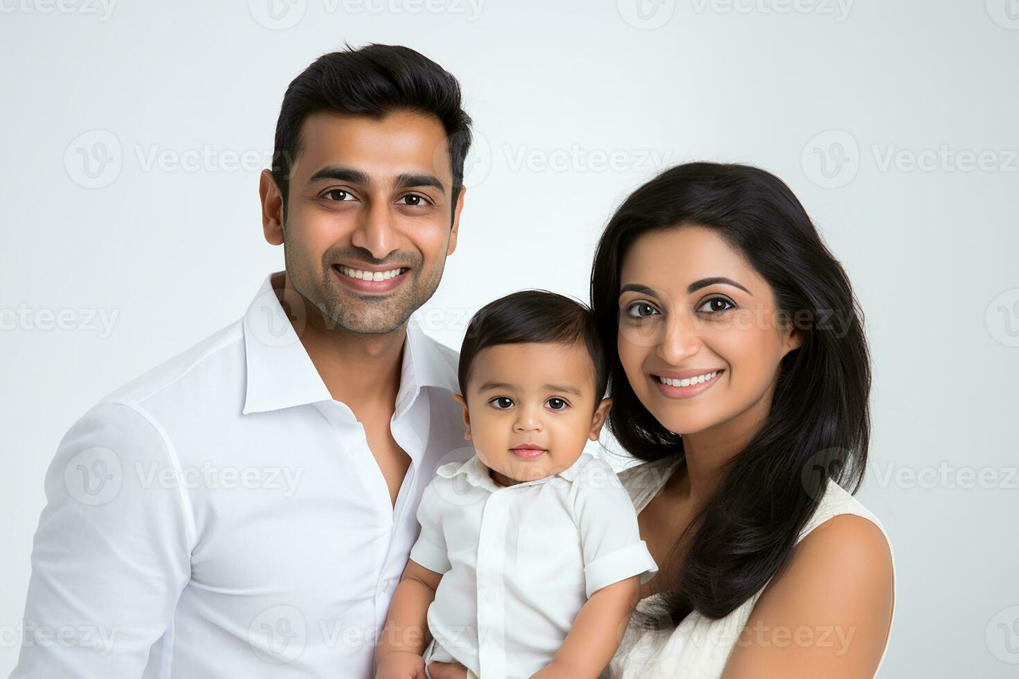 Ai generated Studio portrait of beautiful parents with infant baby holding on hands on different colours background photo