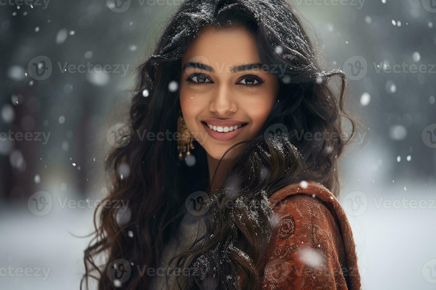 Ai generated portrait of beautiful young woman standing under the snow at winter time photo