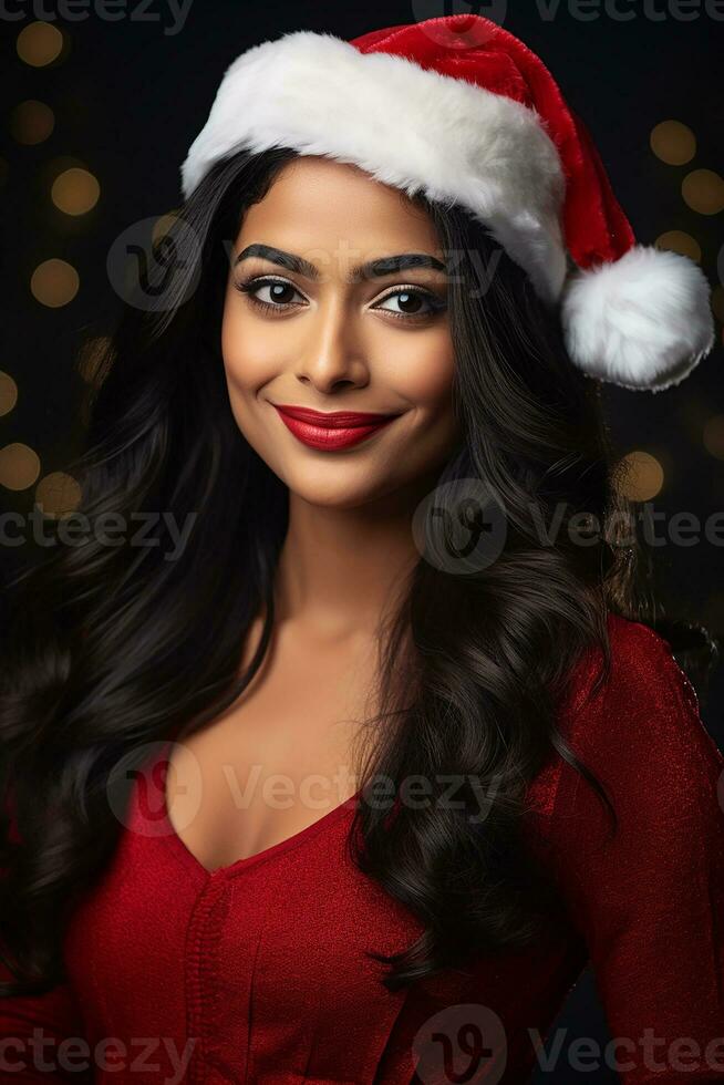 Ai generated portrait of beautiful smiling woman in santa claus wearing photo