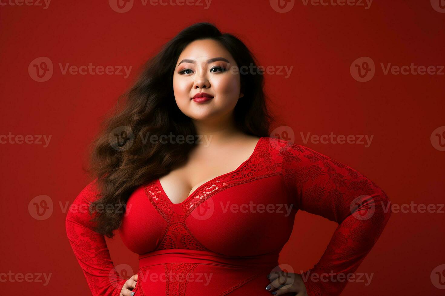 Ai generated Studio portrait of beautiful fat overweighted woman on different colour background photo
