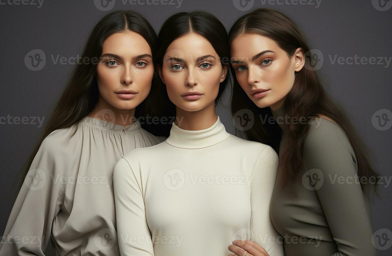 Ai generated Studio portrait of three few beautiful young woman standing together in hug on different colour background photo