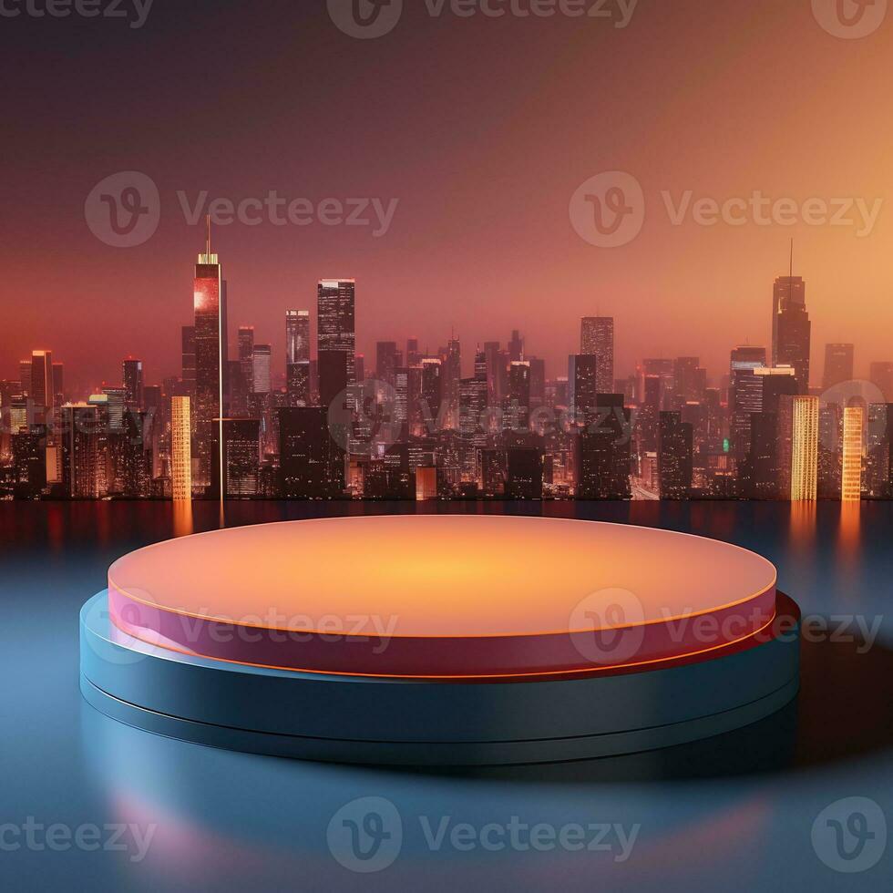 Empty trendy round podium against landscape background. Generative AI photo